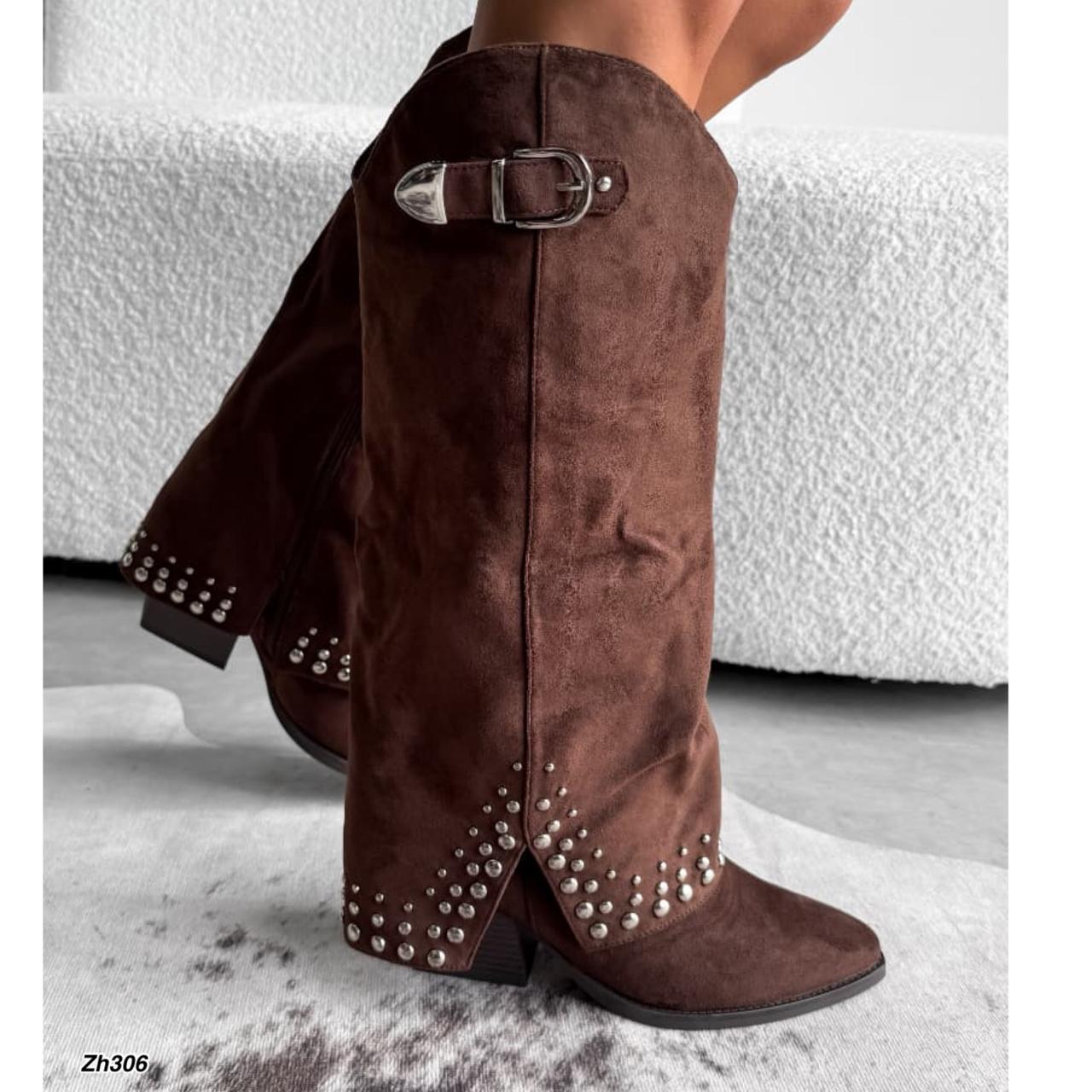 Bota texana café doblez apliques plateado tacon 7cm BM183 C-114